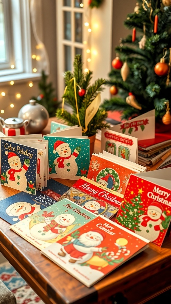 A colorful assortment of 1990s vintage Christmas cards featuring snowmen, Santa, and holiday scenes on a rustic wooden table.